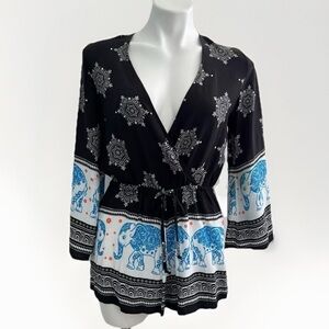 Elephant black Romper jumpsuit Bohemian Medium Long bell Sleeve NWT